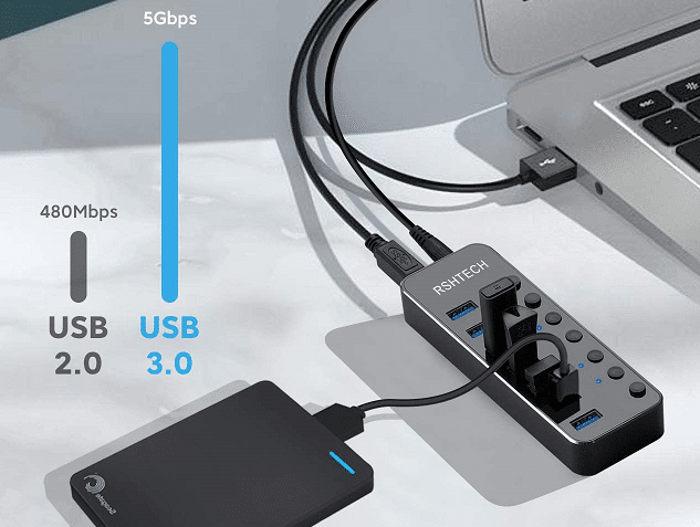 Hub USB 3.0 alimenté à 7 Ports avec commutateurs Individuels en test 